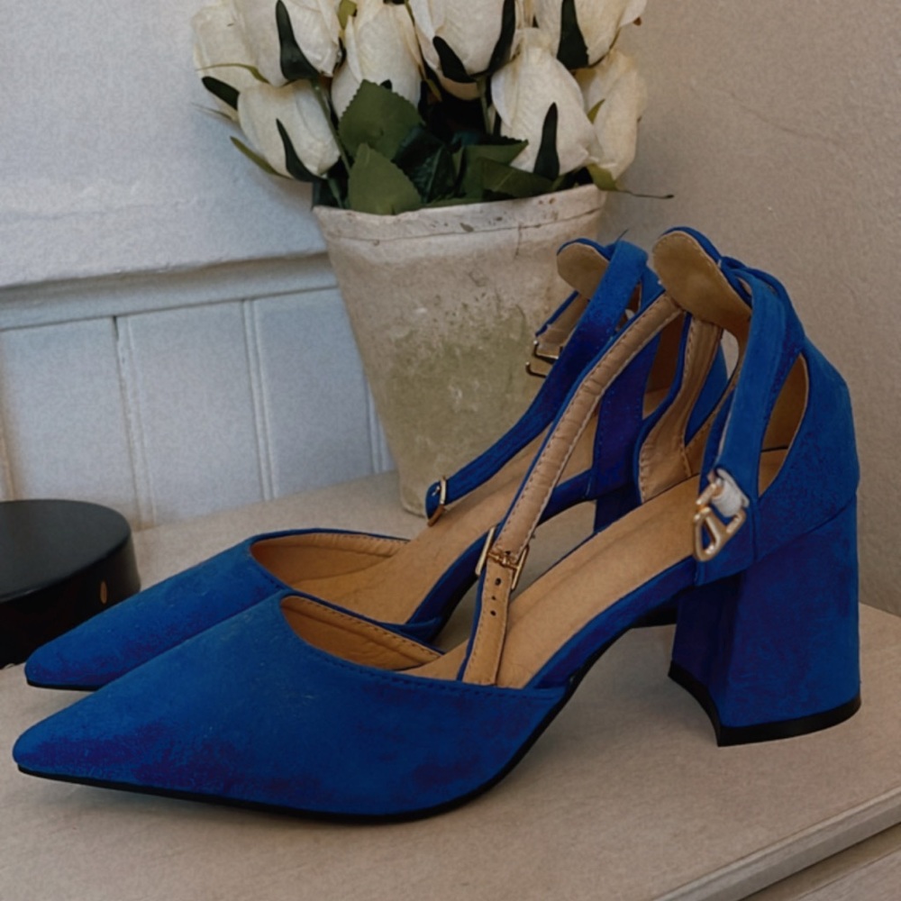 Suede Blue Pointy Chunky Heel